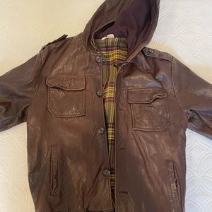Ever 100% Genuine Brown Leather Jacket, Cotton & Wool Plaid Lining